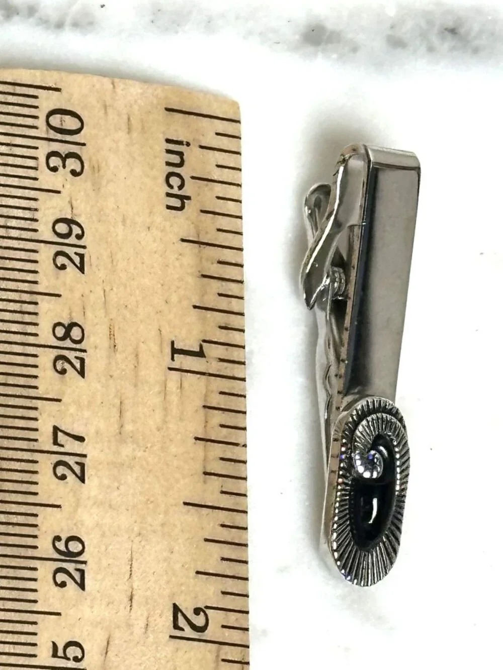 Vintage Swank Silver Tone Tie Clip Black Stone Minimal Mid Century